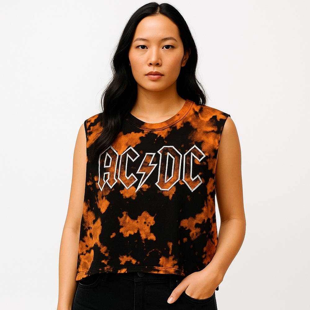 AC/DC Black Orange Bleach Tie Dye Rock Band Muscle Tank Top Size M